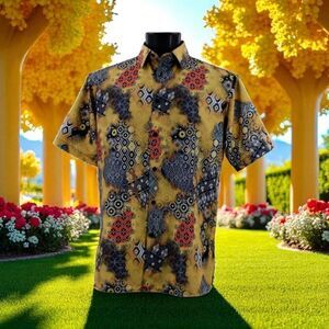 BASSIRI MEN'S CASUAL ABSTRACT SHORT SLEEVE SHIRT. YELLOW CHARCOAL BLACK ORANGE.